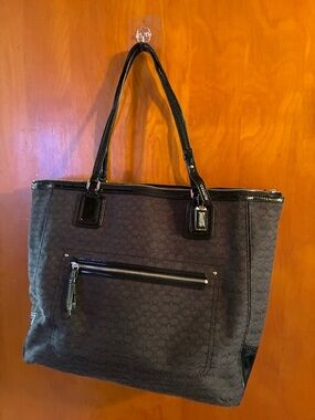 Coach Black Signature Tote with Gloss Trim
